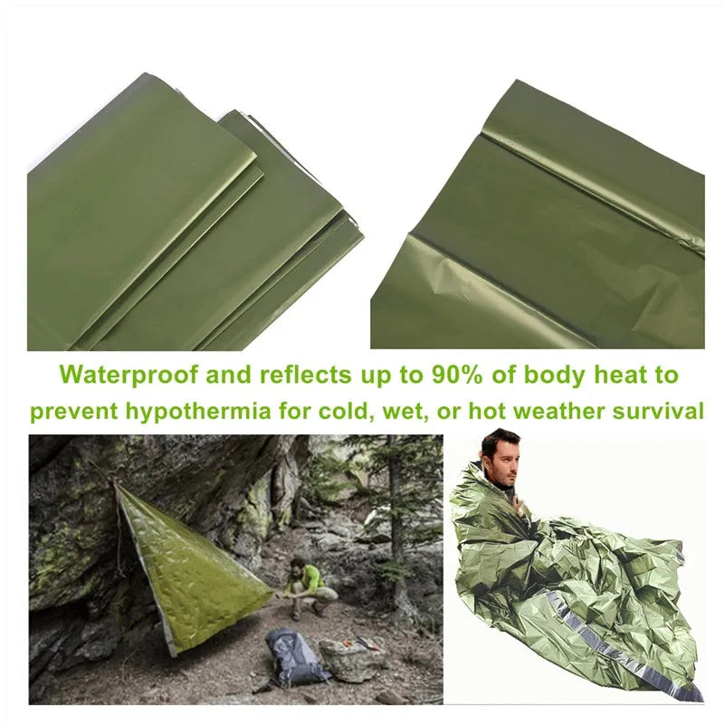Portable emergency sleeping bag, blanket, and tent in green or orange, thermal and waterproof for camping and survival