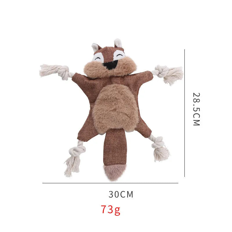 Brown plush fox dog toy with cotton rope limbs, embroidered eyes, and a squeaker in the head.