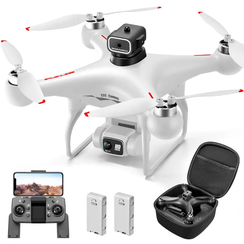 Black HD brushless UAV drone with four propellers, remote control, battery, and camera shown on a white background.
