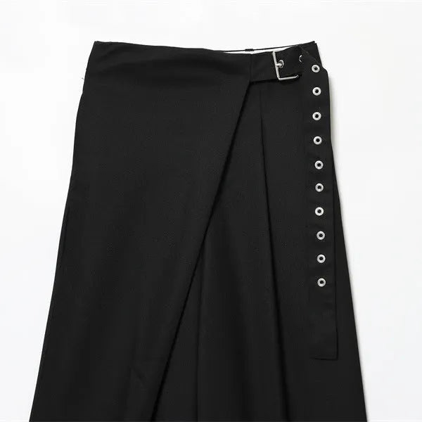 Women's black wrap design trousers in wool blend, mid waist, inelastic, sizes XS to L