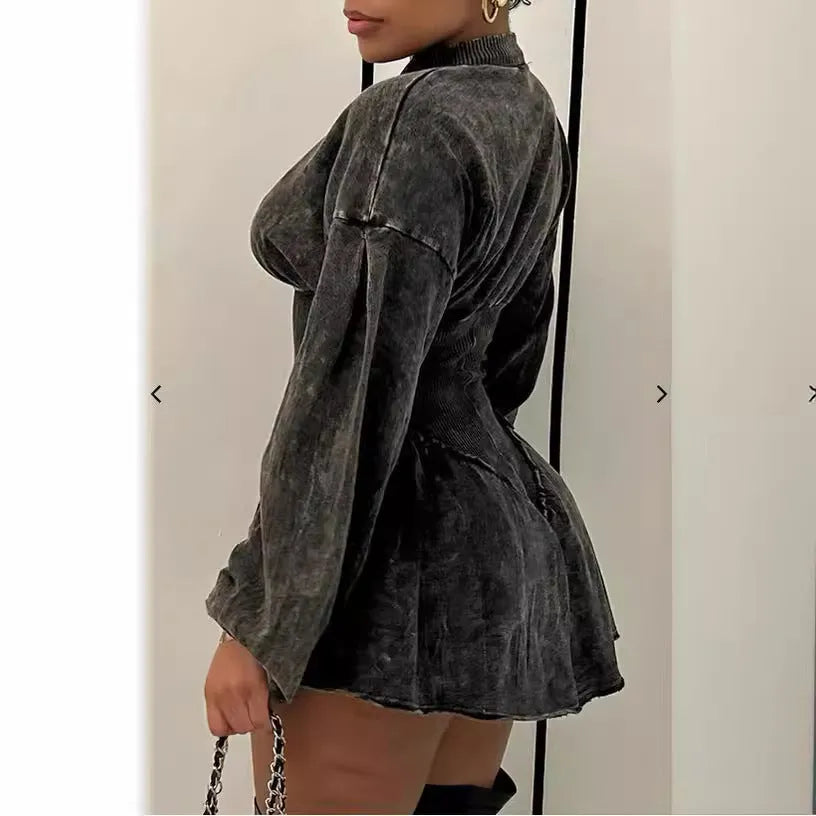 Grey women's slim-fit A-line mini dress with digital printing and a drawstring waist.