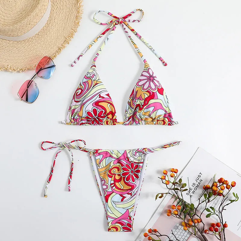 Women's triangle printed bikini swimsuit with adjustable hanging neck strap on polyester fabric