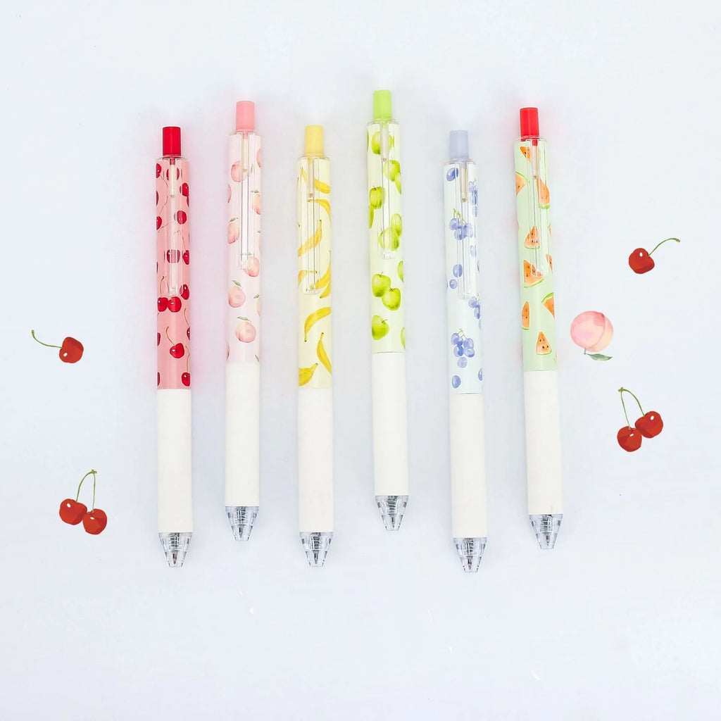 Three fruit scented press-action pens with 0.5mm quick-drying black ink refills