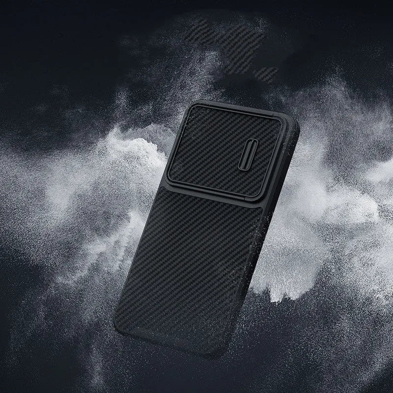 Black Samsung S23 Ultra mobile phone case with a built-in camera lens cover.