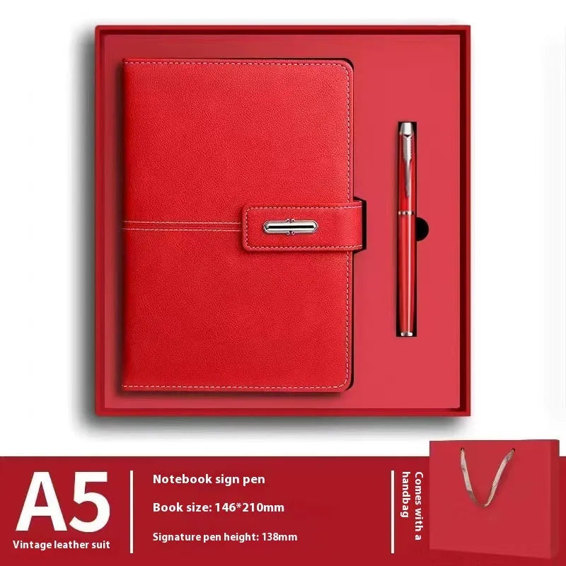 A5 notebook with PU leather cover shown in multiple colour options including black, red, green, blue, and orange.