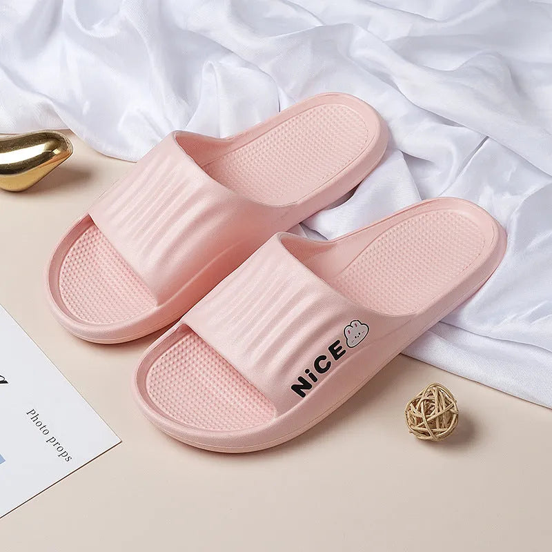 Cartoon pattern EVA slippers in various colours showing flip-flop style with non-slip soles