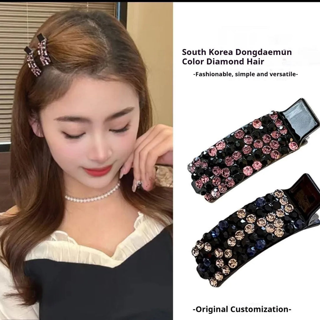 Rhinestone bangs hair clip with imitation pearl and zinc alloy BB clip in Angela red, purple, caramel, or ink blue gray