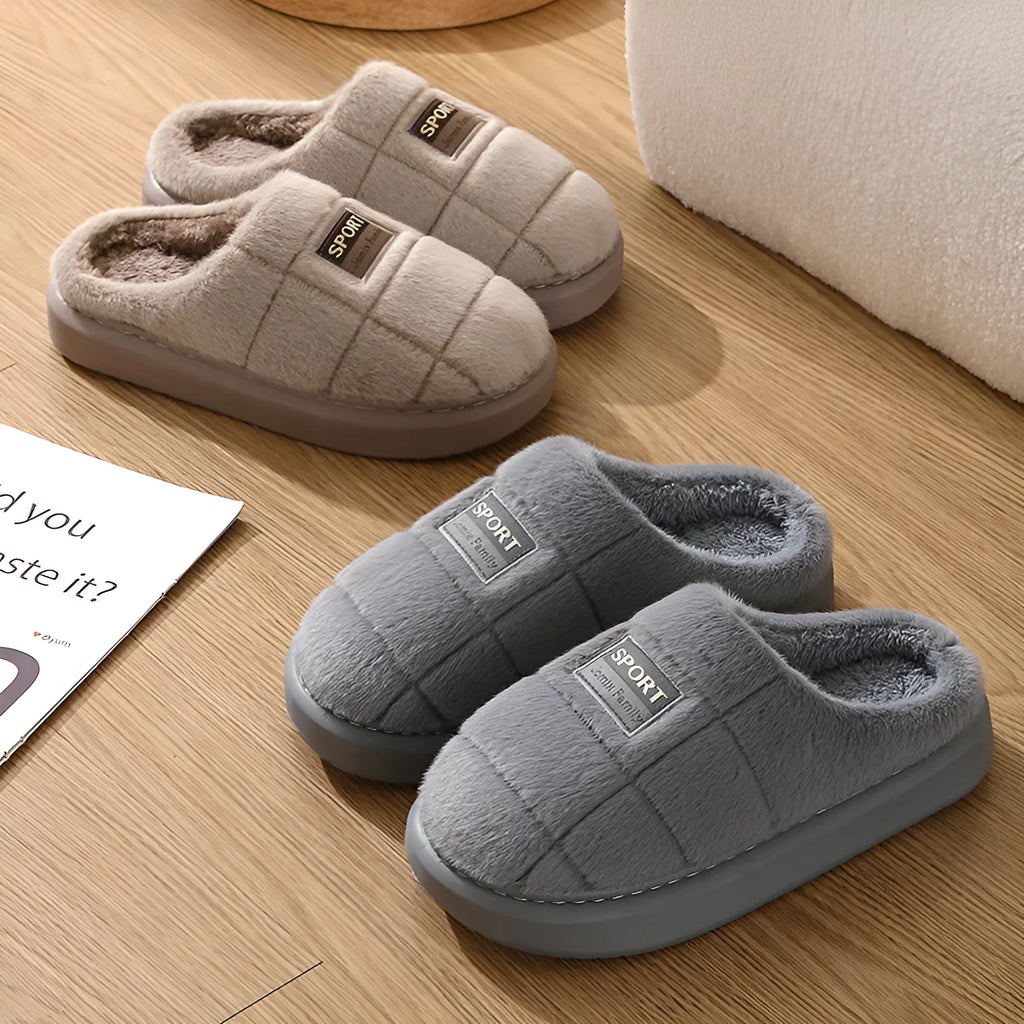 Men's grey and brown plaid winter slippers with a thick sole and artificial wool lining.