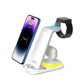 Black vertical wireless charging stand with phone in portrait mode and smartwatch charging simultaneously
