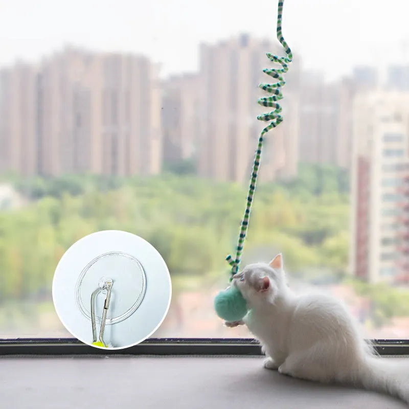 Hanging suction cup cat toy with spring and inflatable ball for indoor kittens in multiple colours