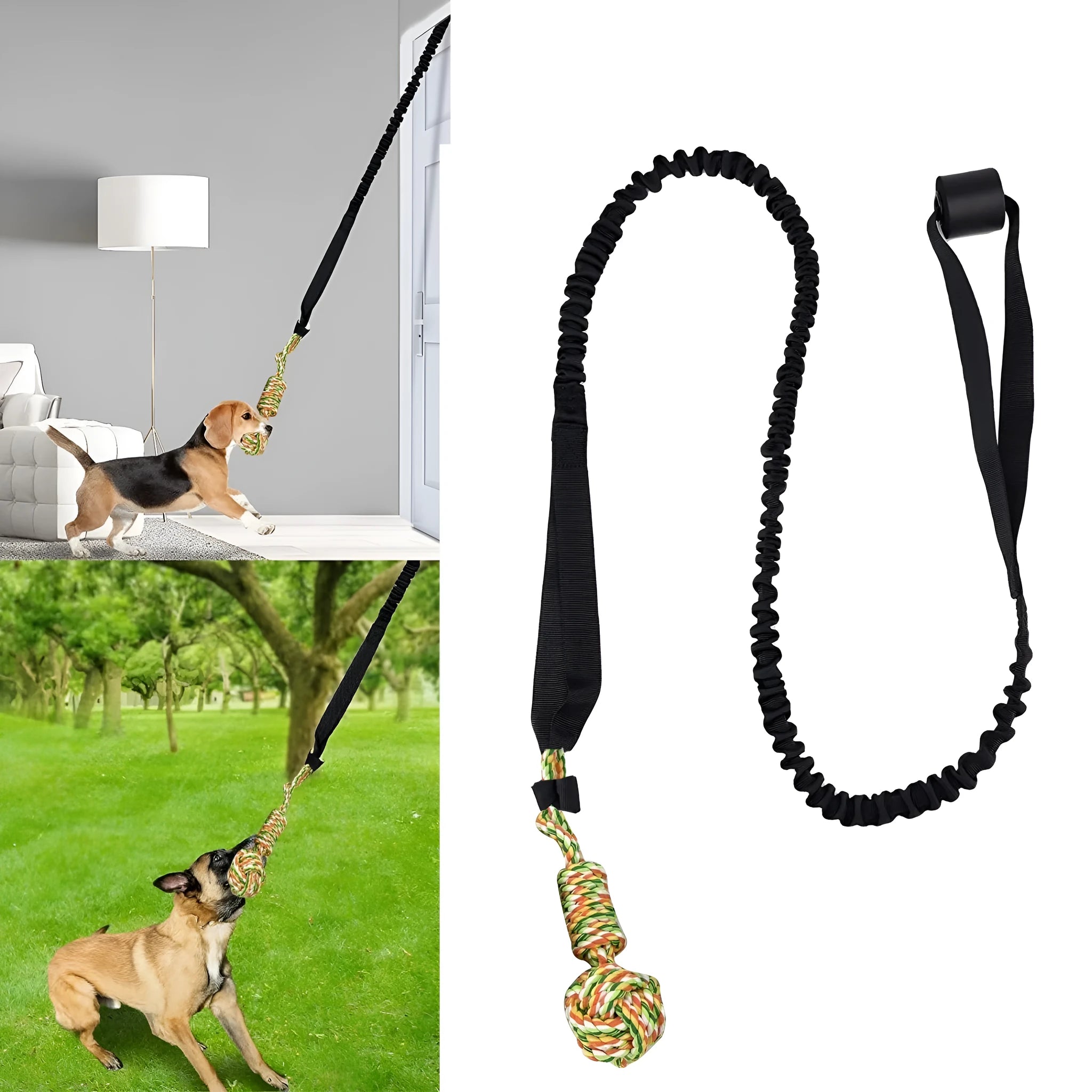 Cotton rope dog tug toy in black, grey, and red colour options for interactive play