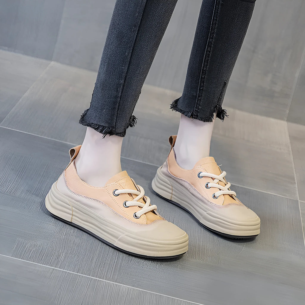 Women's low-top leather platform sneakers in matcha green, purple, or orange with round toe and front laces.