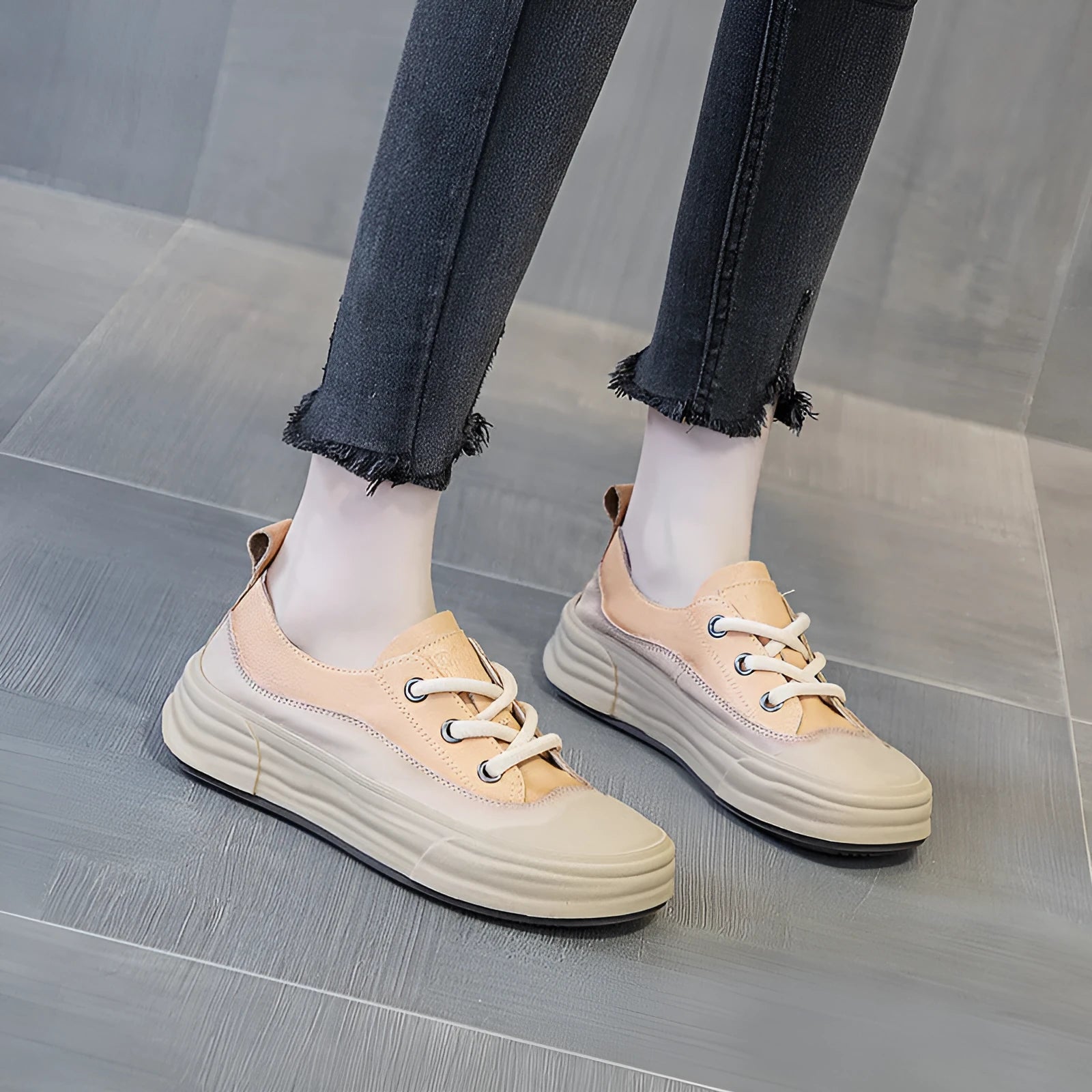 Women's low-top leather platform sneakers in matcha green, purple, or orange with round toe and front laces.