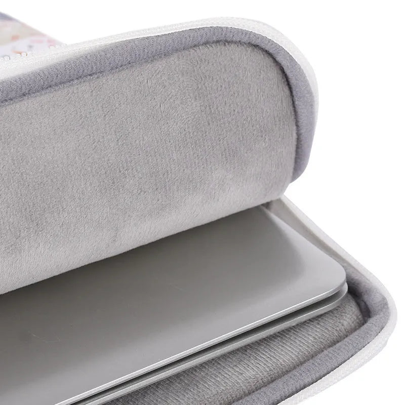 White waterproof PU leather laptop inner sleeve for 14 inch computers, shown with size options.