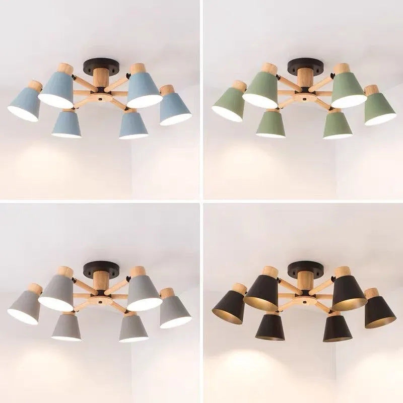 Nordic style Macaron ceiling pendant lamp with multiple light heads in ironwood construction
