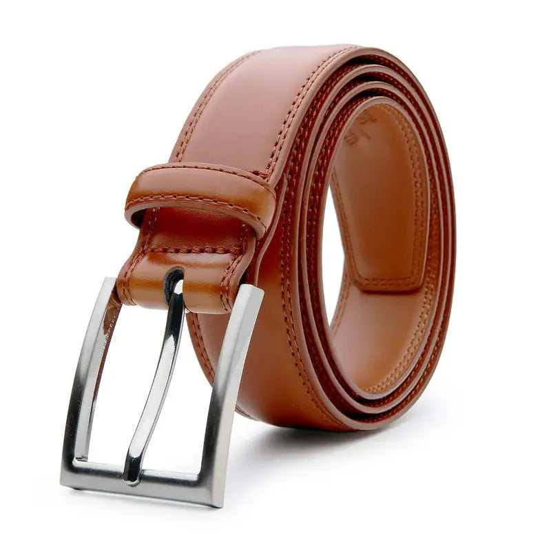 Men's genuine leather casual belt with alloy buckle in 95 grain brown, showing traditional width and length.