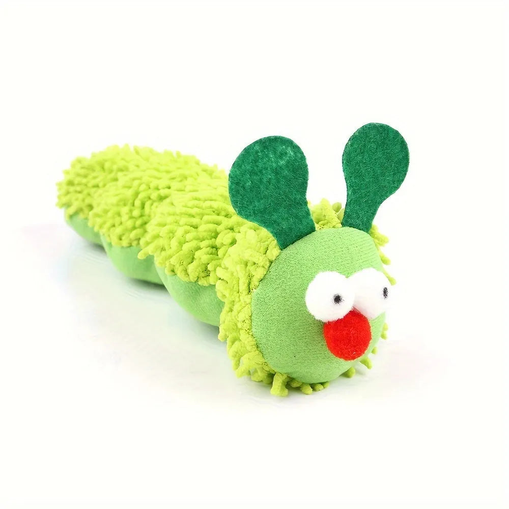Green plush interactive cat toy pillow with moving LED tail, showing dimensions 24×11×5 cm