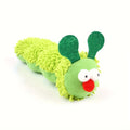 Green plush interactive cat toy pillow with moving LED tail, showing dimensions 24×11×5 cm