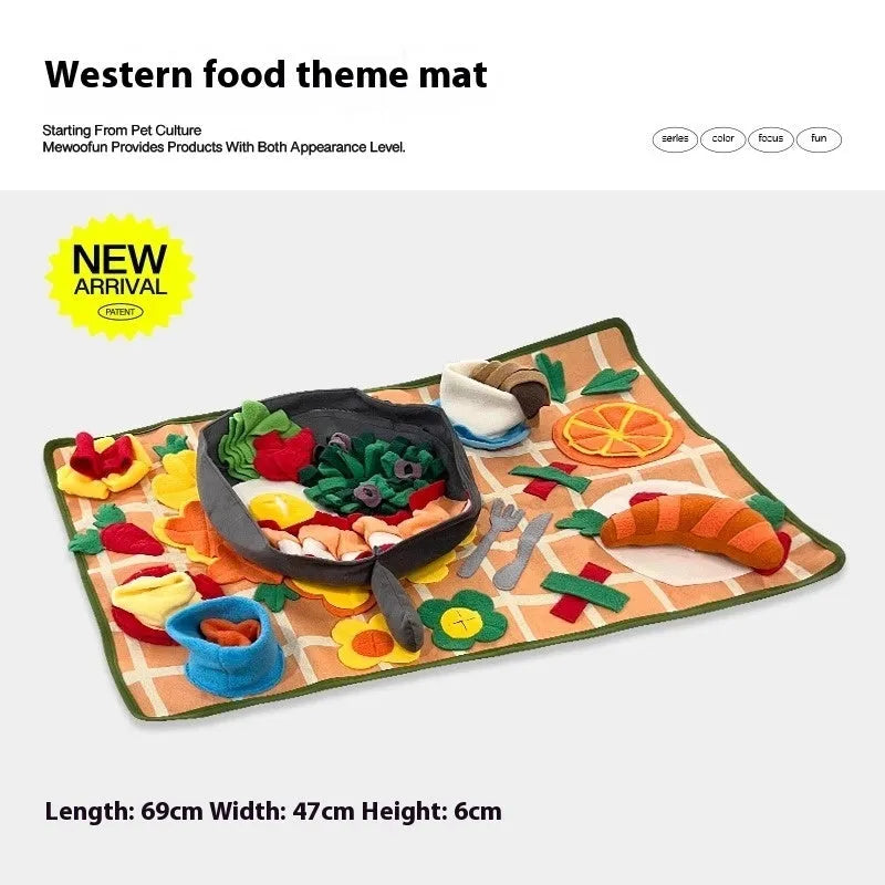 Dog sniffing mat with printed Garden Camping theme pattern, a plastic fabric puzzle toy for hiding treats.