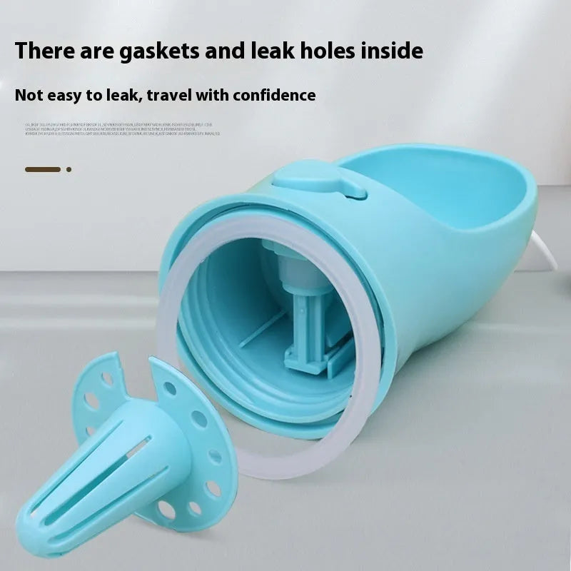 Blue portable plastic dog water bottle with integrated drinking trough for outings.