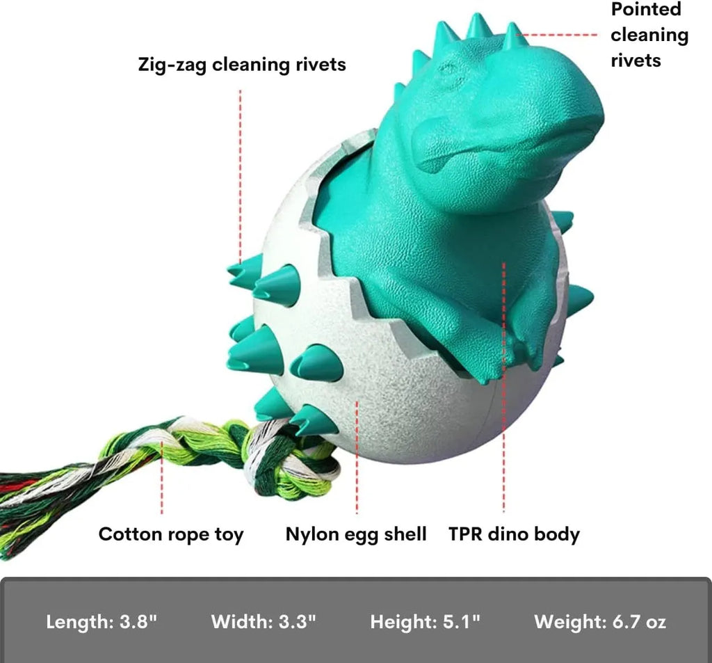 Blue durable dinosaur-shaped dog chew toy with an attached rope for aggressive chewers.