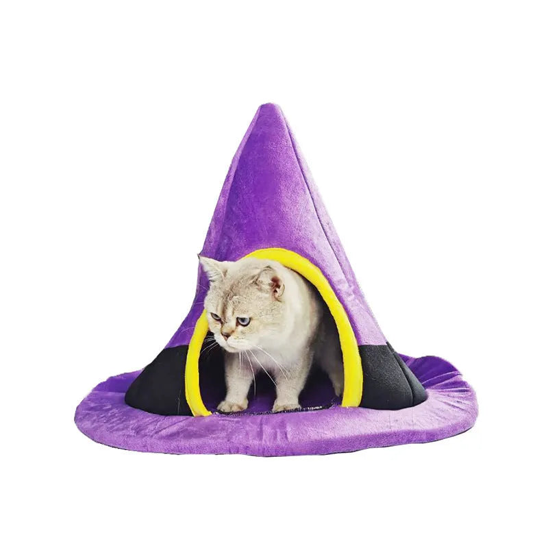 Purple Halloween witch hat shaped cat bed with enclosed cave design