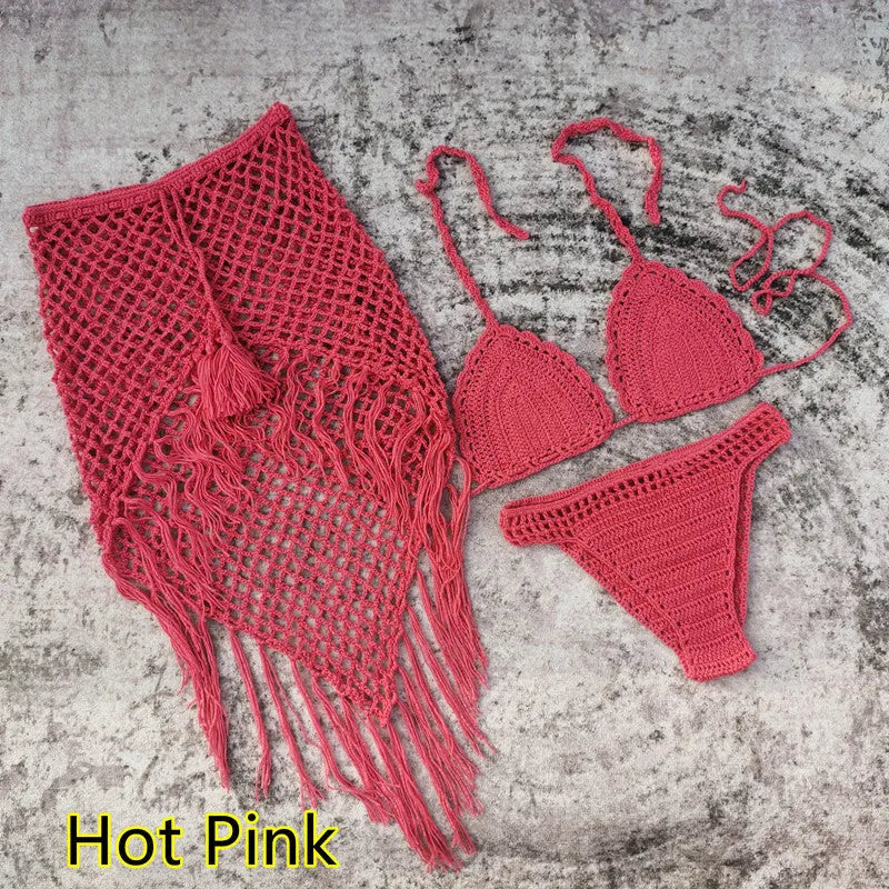 Handmade crochet bikini swimsuit set with matching beach skirt in acrylic fabric