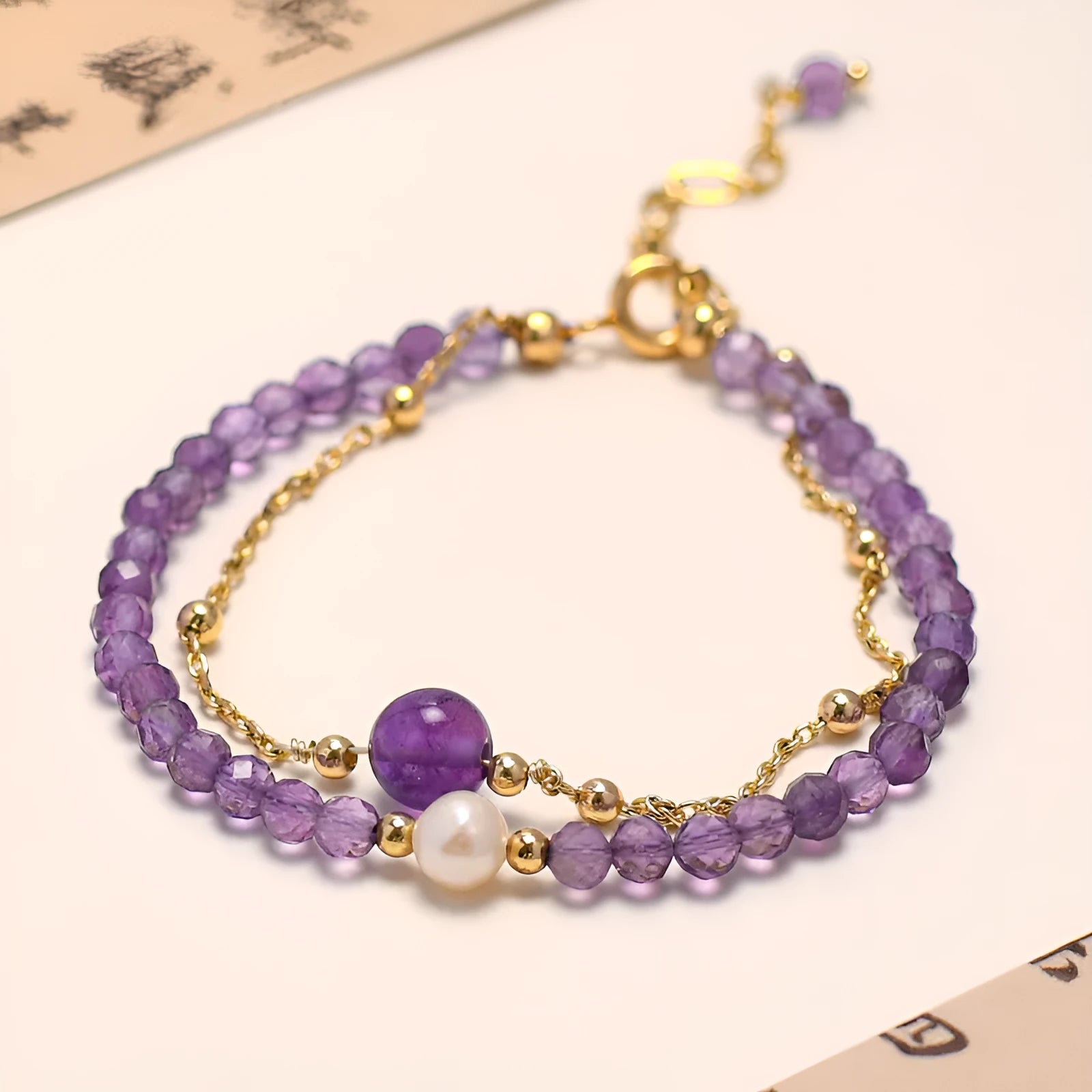 Women's amethyst crystal bracelet with diamond-shaped beads and silver electroplated Chinese style design