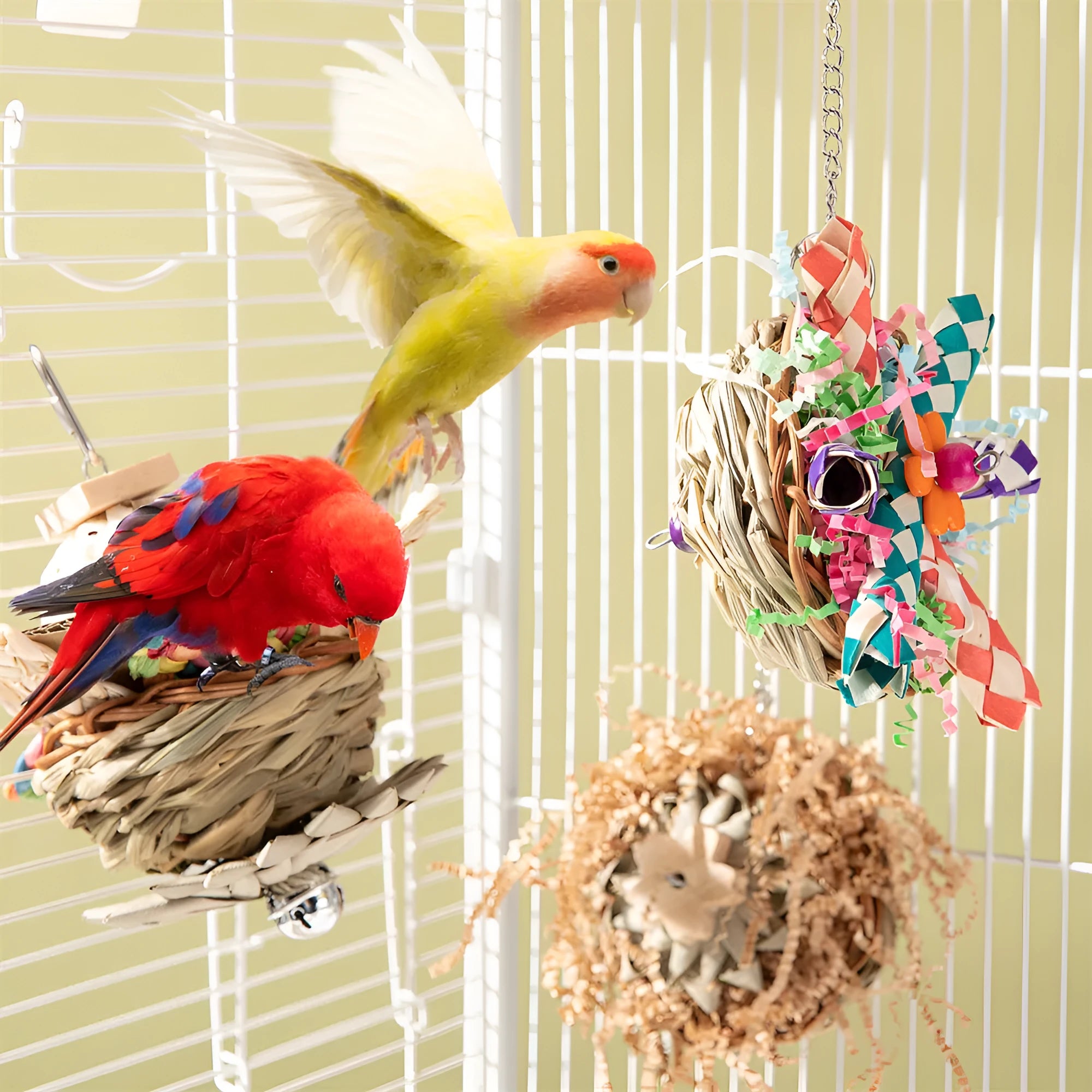 Parrot gnawing toy with wooden blocks in three different configurations for bird chewing enrichment
