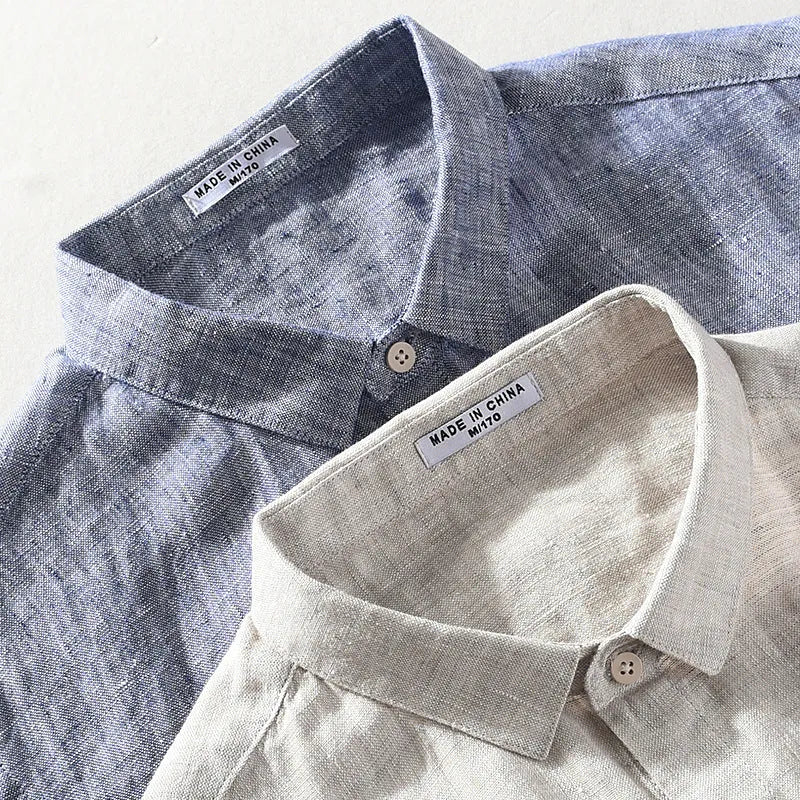 Men's raw jute coloured linen shirt with square collar and short sleeves on a hanger.
