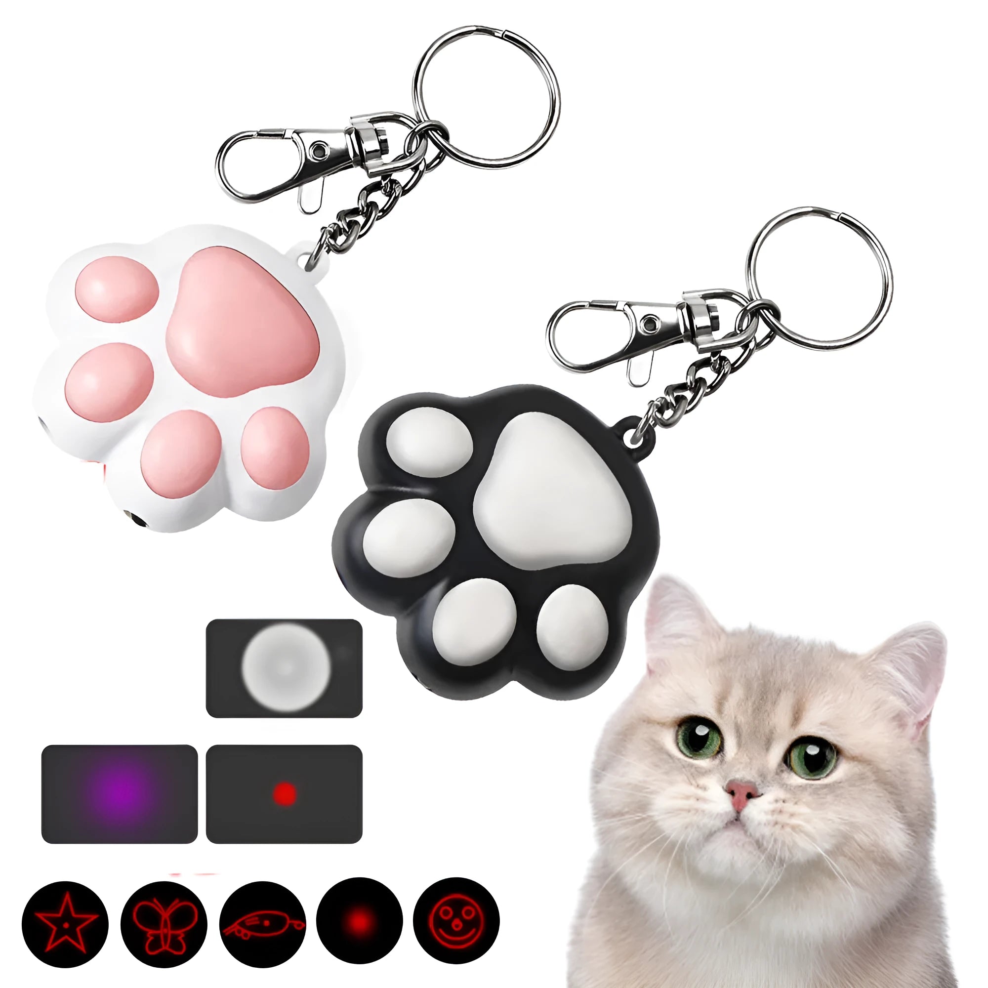 USB rechargeable infrared cat teaser toy with keychain measuring 5x2.5cm in black or pink plastic