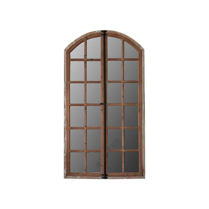 Terrace style distressed wooden frame fake window mirror in log colour with glass reflection
