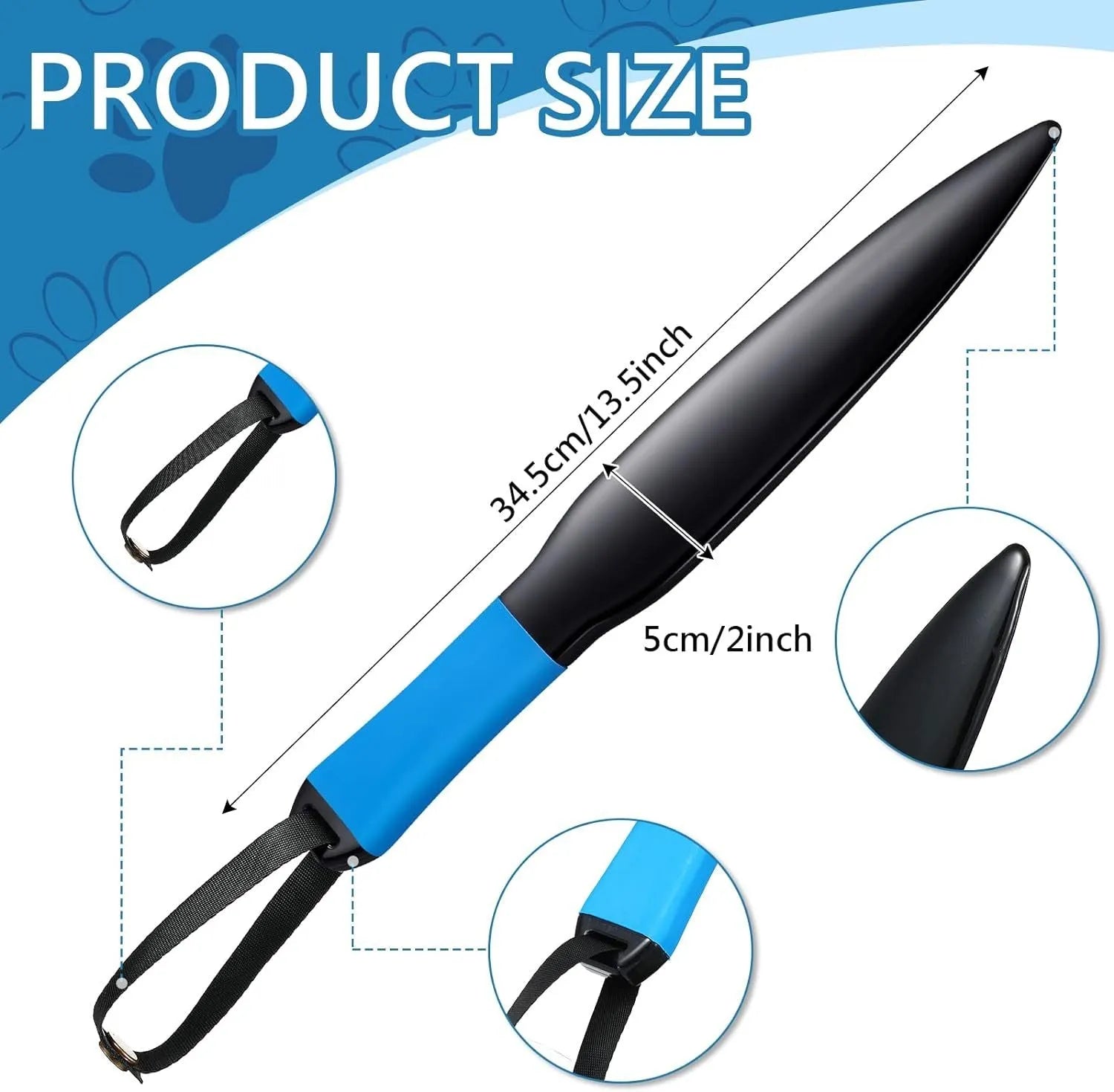Blue handled nylon dog bite training stick on a white background, 35cm in length.