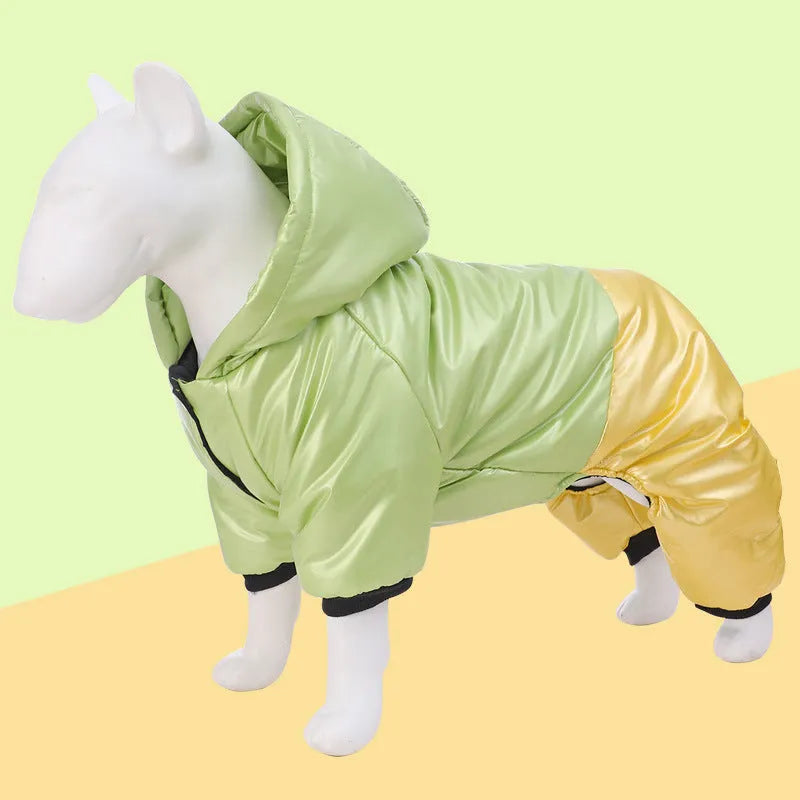 Green pink and white cotton-padded waterproof dog coat with four-legged design in sizes S to 3XL