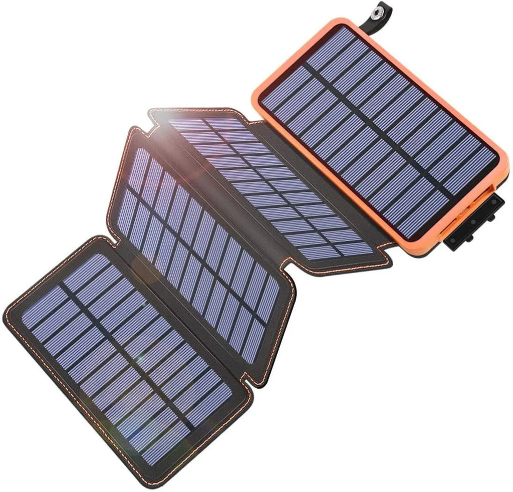 A waterproof solar power bank in one of four colours, showing the solar panel and a built-in LED light.