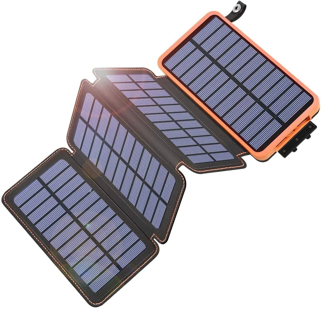 A waterproof solar power bank in one of four colours, showing the solar panel and a built-in LED light.