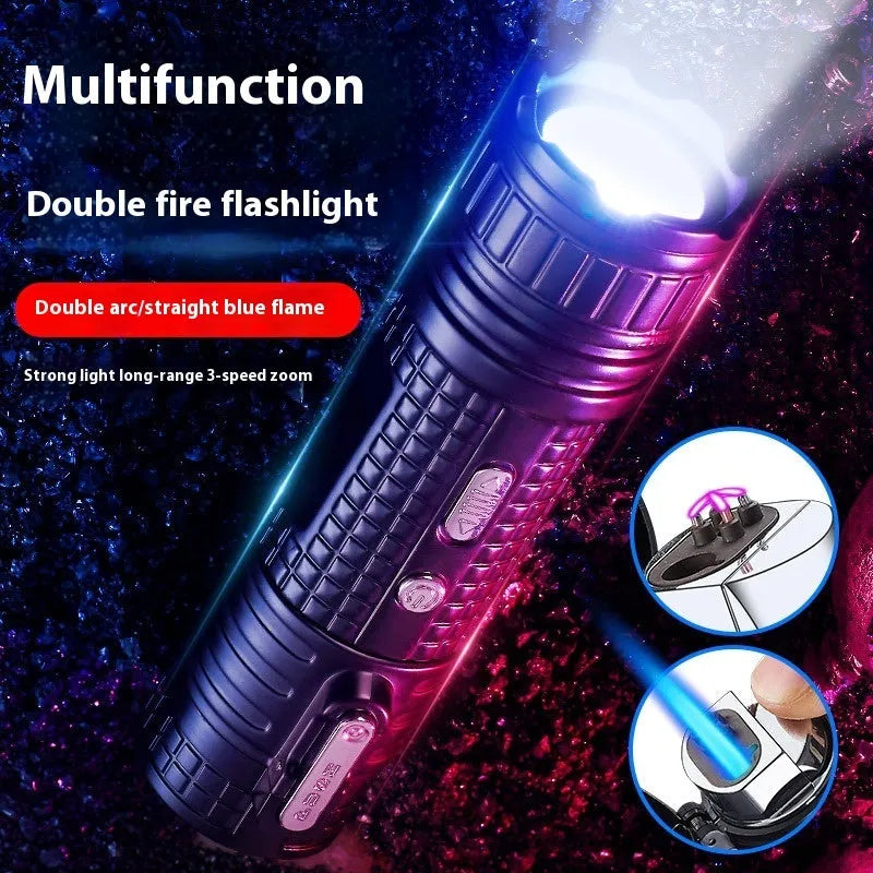 TH727 multifunction metal flashlight lighter in camouflage colour showing LED light, plasma arc, and knife.
