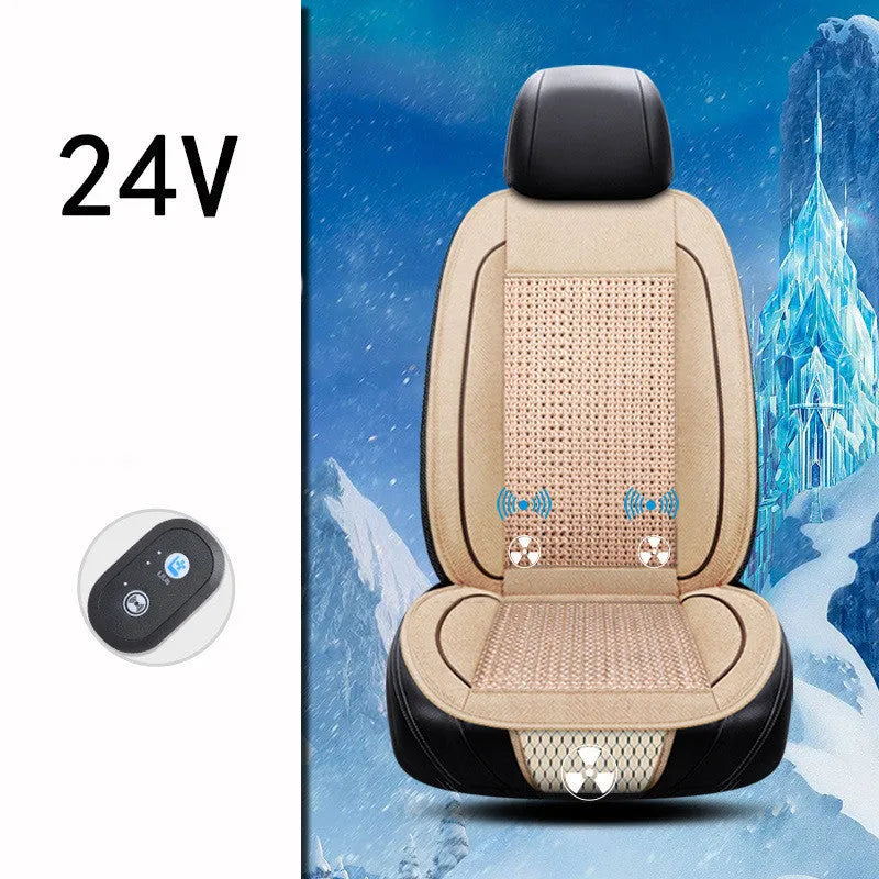 Black car ventilation massage seat cushion with power cord on vehicle seat