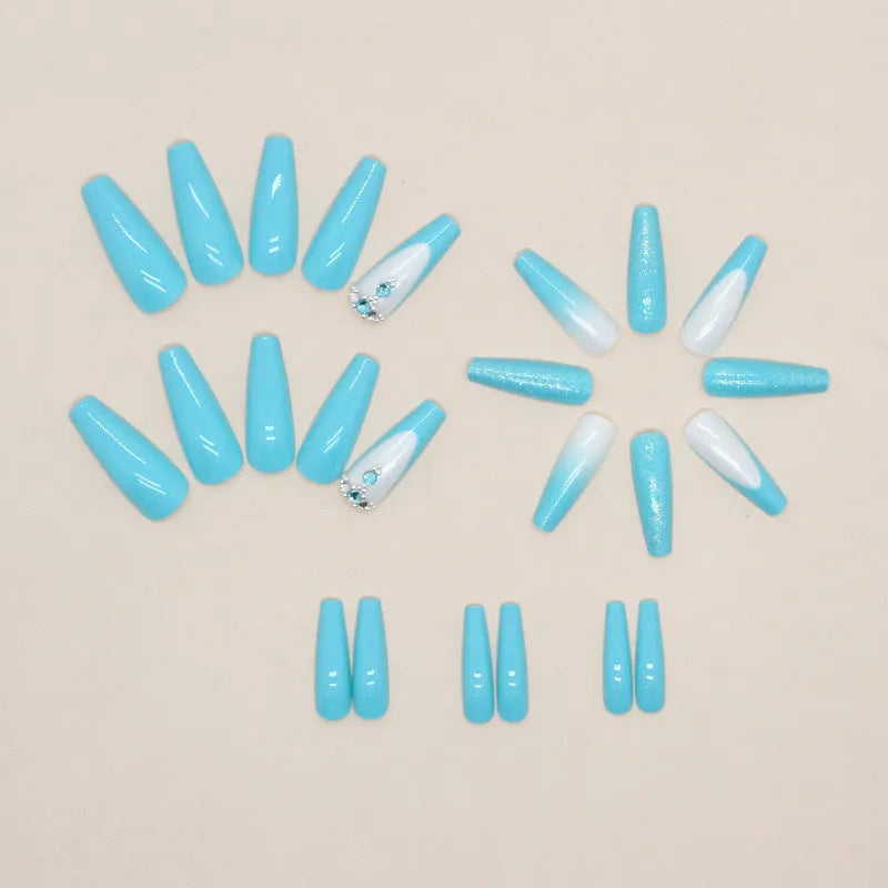 Z689 Smart Blue Diamond long ballet style nail patches with glue for ladies