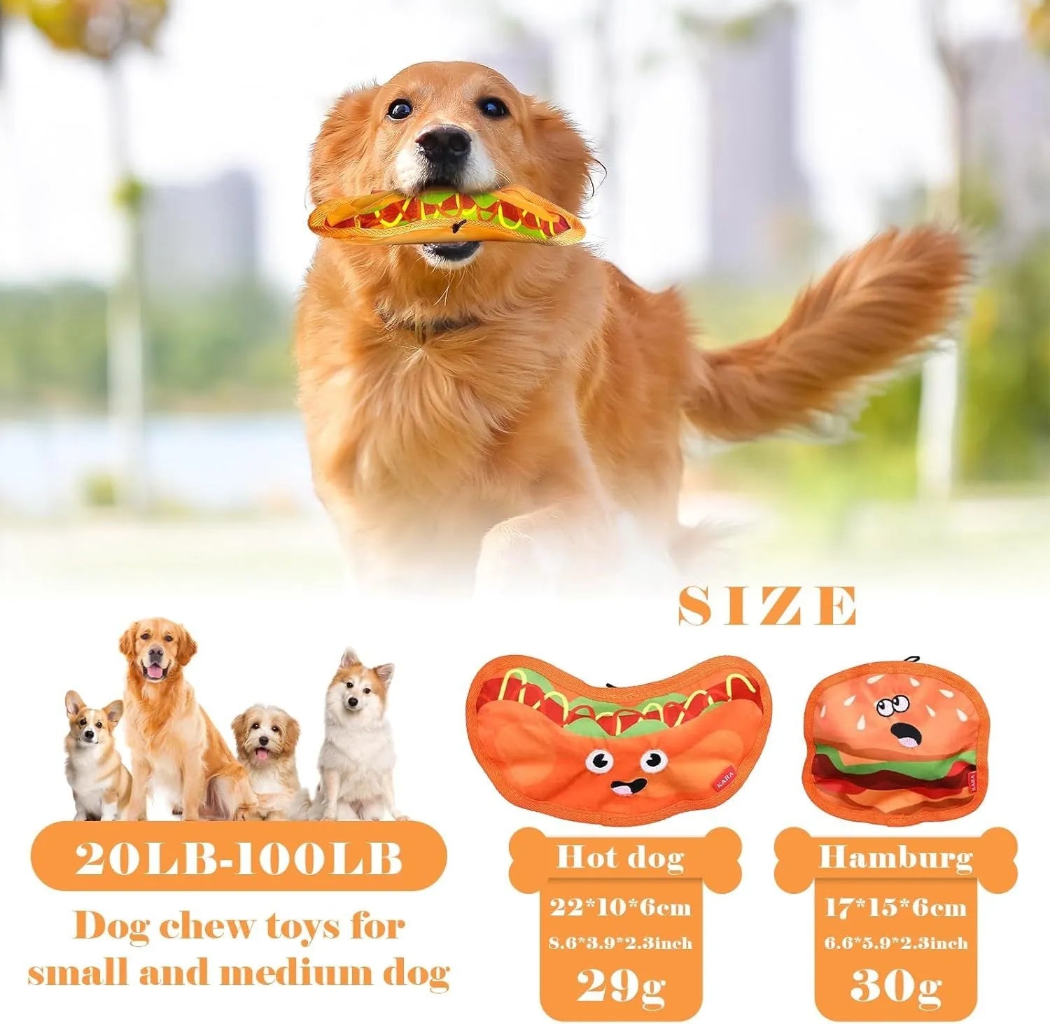 Hamburger-shaped dog toy with vivid colours featuring crinkle and squeaker sounds for interactive play