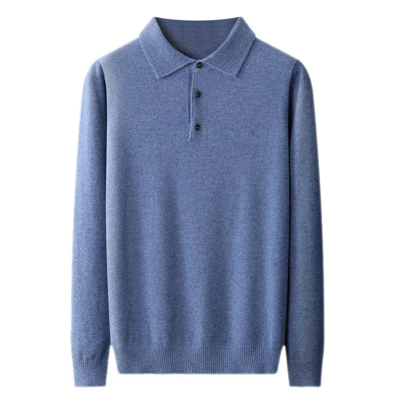 Men's woollen polo collar pullover sweater in a neutral colour showing long sleeves and textured collage stitching.