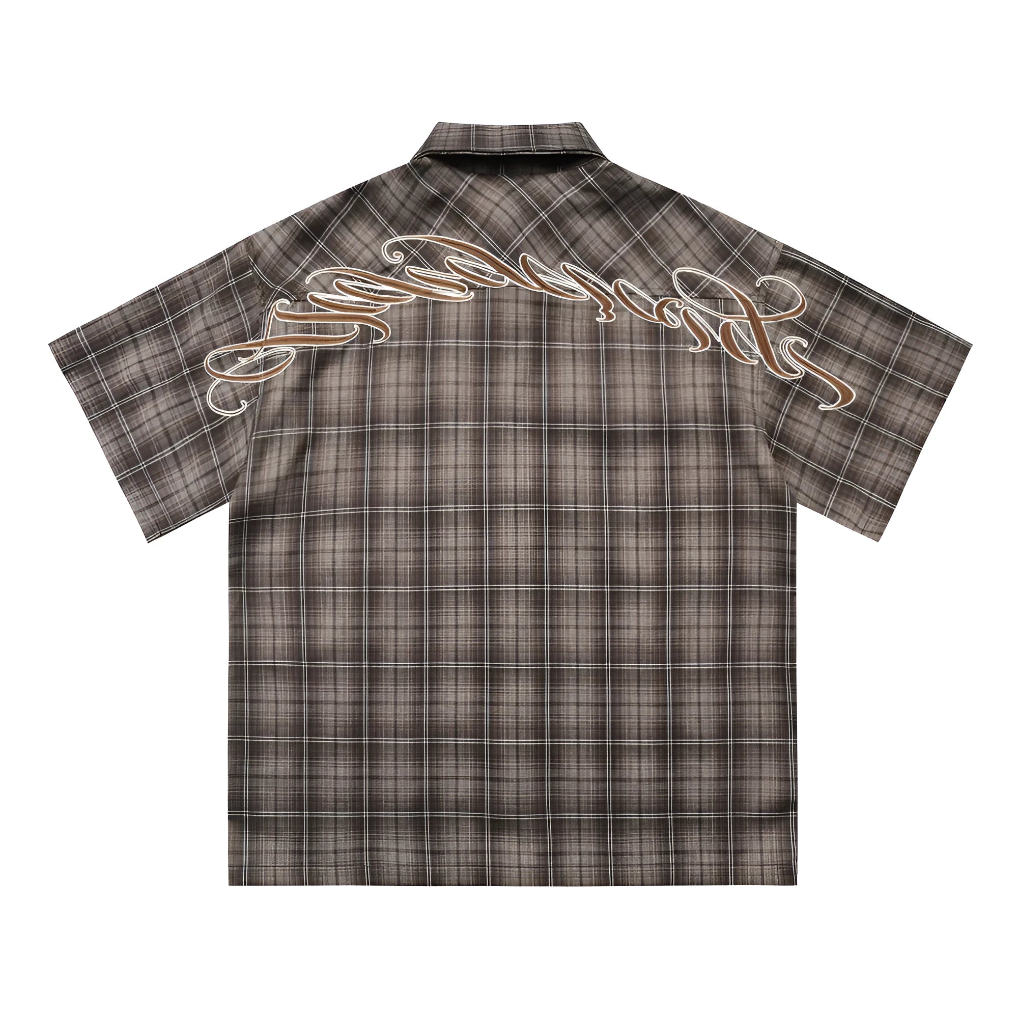 Men's black and brown plaid shirt with embroidered letter detail and lapel collar