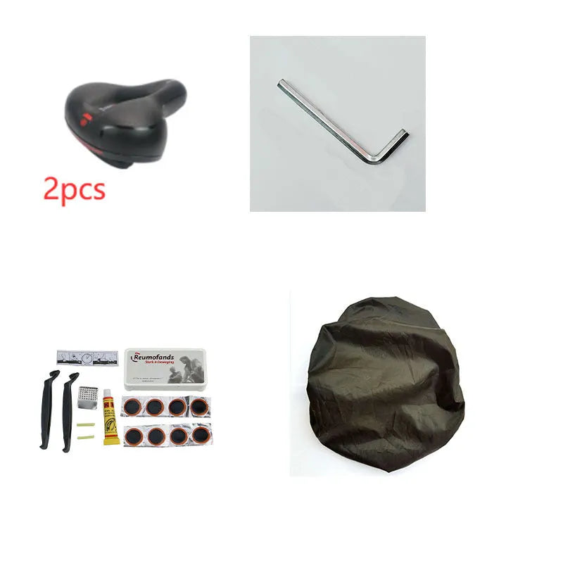 Bicycle saddle cushion with silicone padding, spring suspension, and accessories including waterproof cover and tools