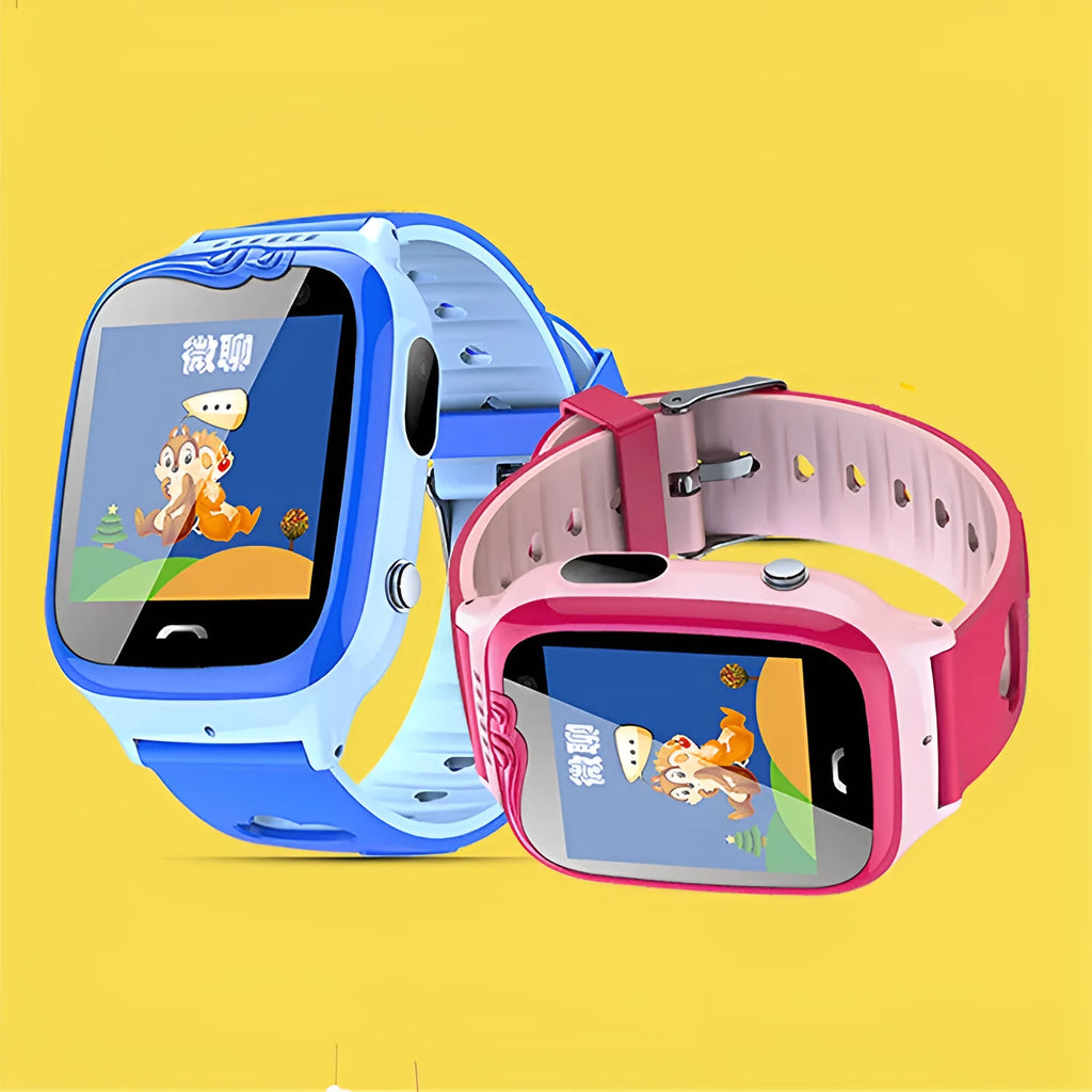 Blue children's phone watch with HD touchscreen and silicone wristband showing positioning features