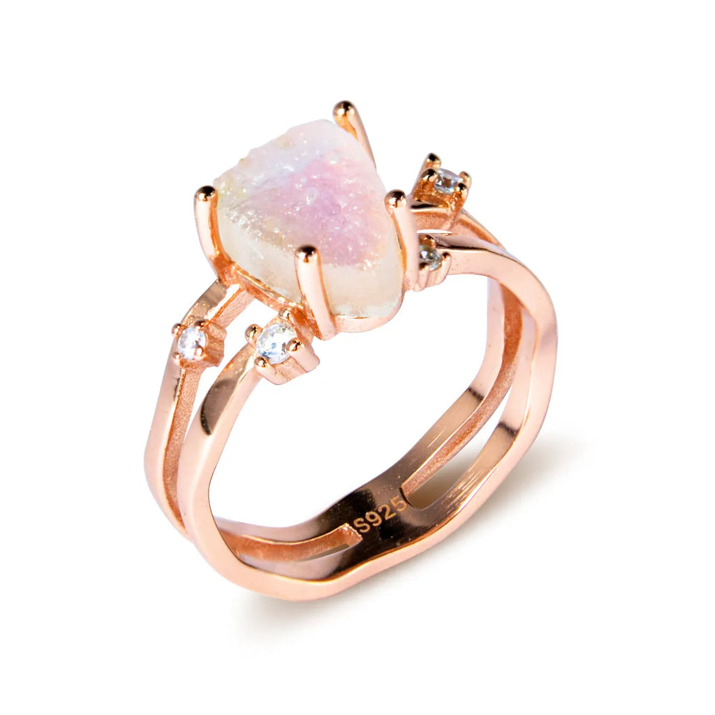 S925 sterling silver ring with triangular geometric design and central moonstone in gold tone plating