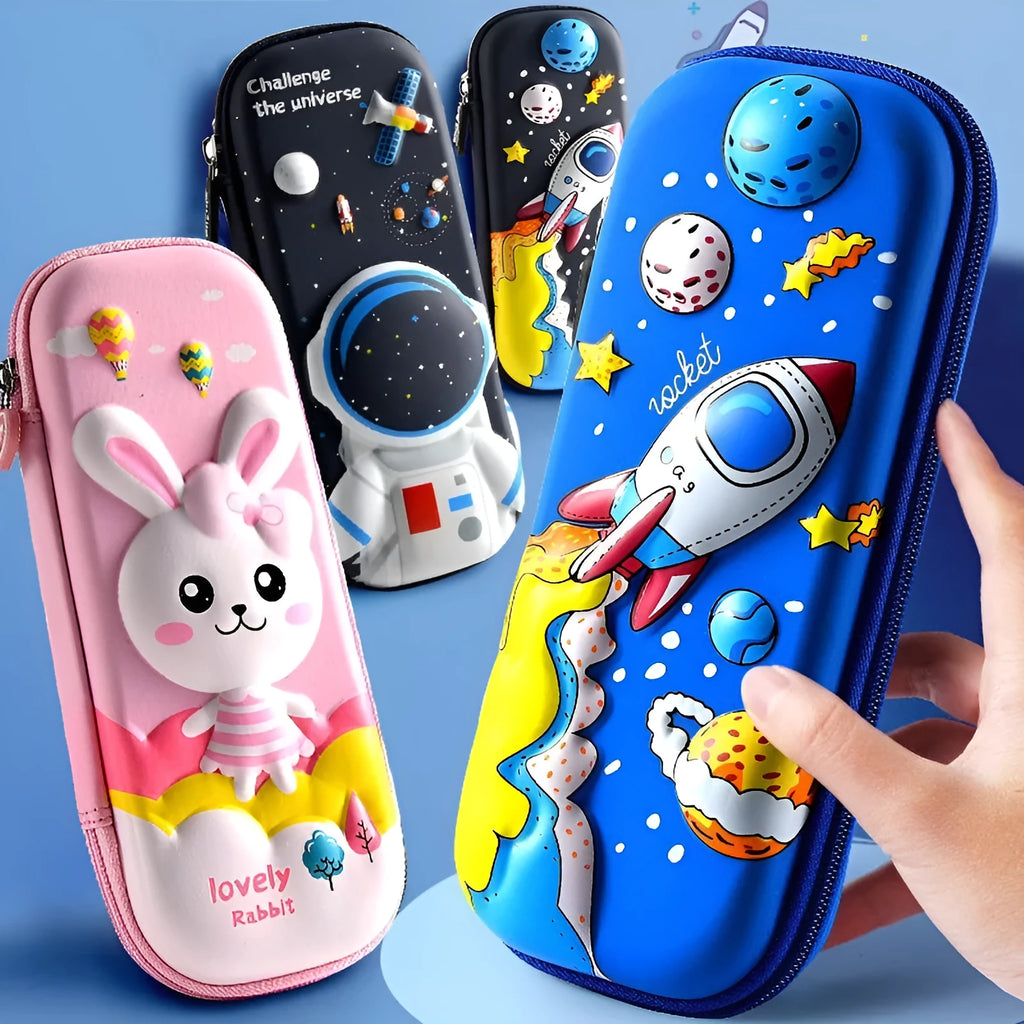 3D leather pencil case with embossed spaceship design in box style for stationery storage