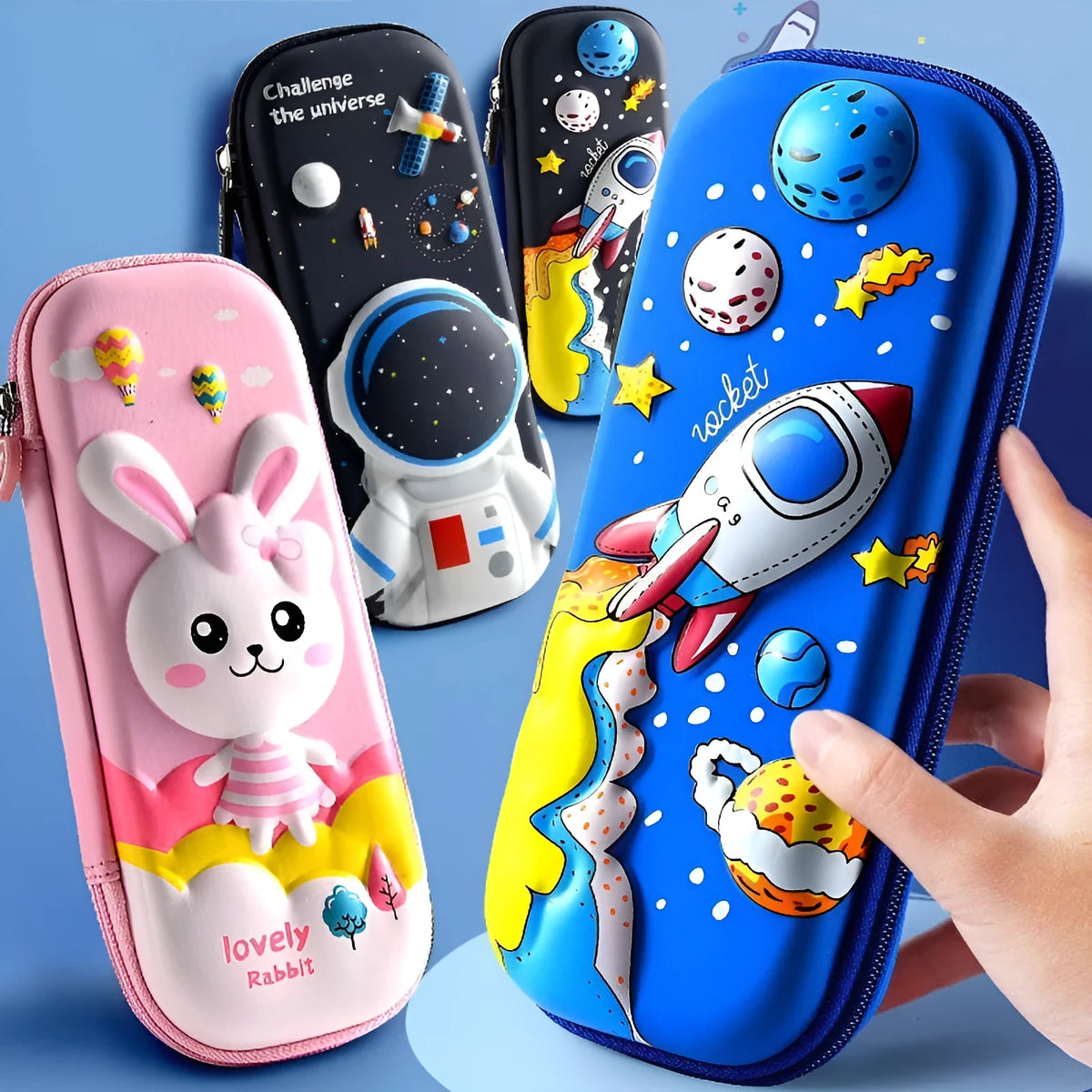 3D leather pencil case with embossed spaceship design in box style for stationery storage