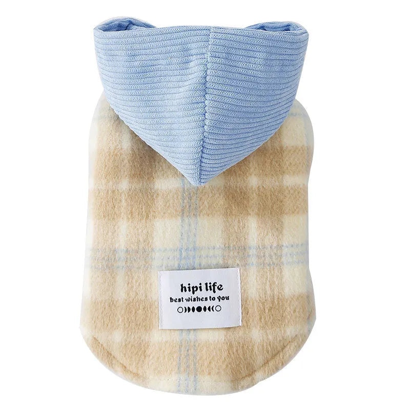 Blue corduroy chessboard grid hooded traction vest for dogs with size labels