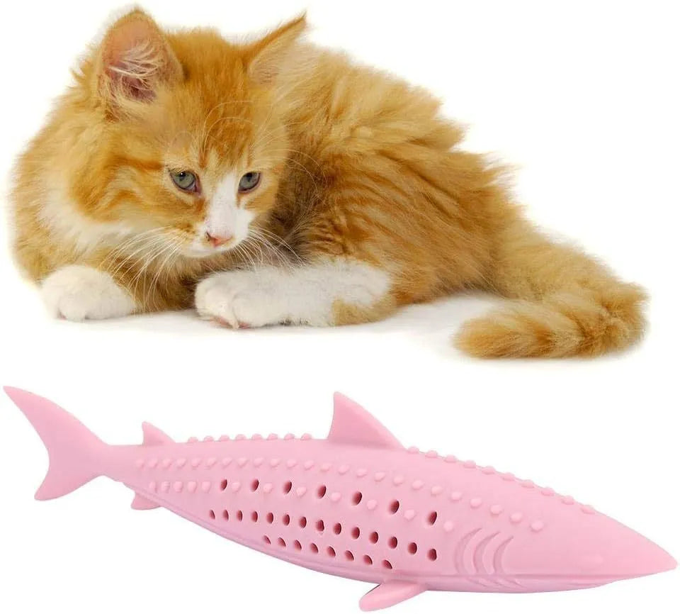 Green silicone fish-shaped chew toy for cats with breathable side holes on a white background.