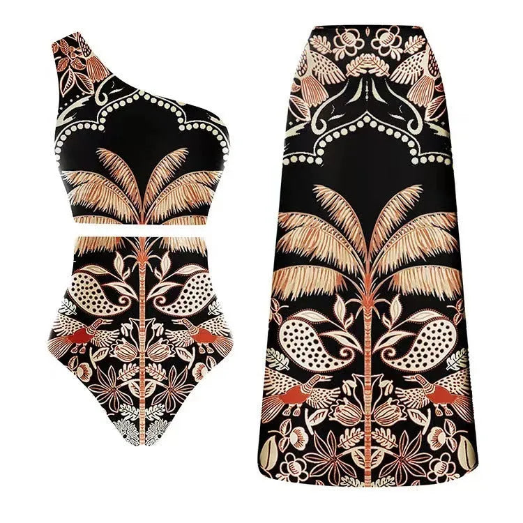 Women's black one-piece polyester swimsuit on a hanger, with alternative yellow and printed styles shown.